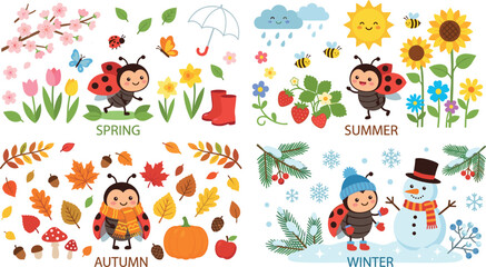 Adorable ladybug seasons illustration bundle featuring spring flowers summer sunflowers autumn leaves pumpkin and winter snowman graphic assets © MdMonirul