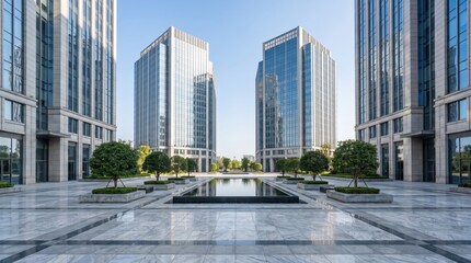 Fototapeta premium Modern luxury skyscrapers with reflective glass facades. Corporate high-rise buildings in a financial district.