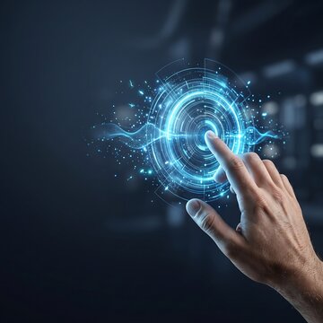 Futuristic technology interface with glowing blue circular display being touched by human hand on dark background.