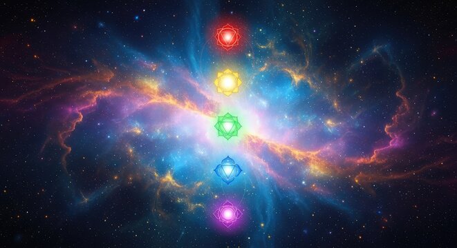 Ethereal glowing energy centers align within a vibrant cosmic nebula representing spiritual awakening, inner peace, and divine consciousness, cosmic, energy, universe