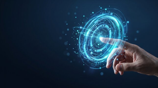 Man hand touching futuristic virtual interface, blue glowing circular network, innovation.