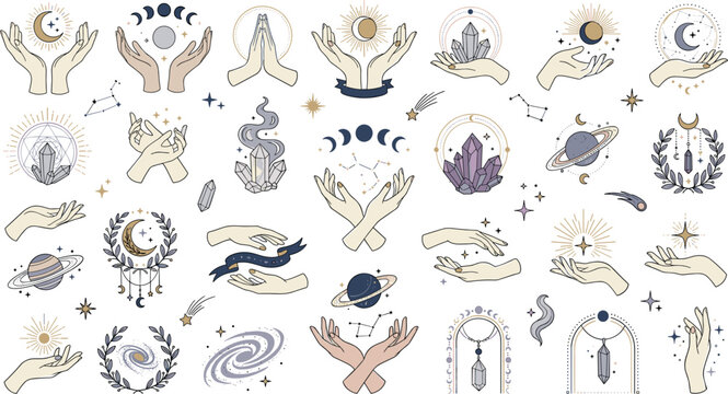 Mystical celestial boho vector set with hands moon phases sun stars magic crystals and astrology design elements