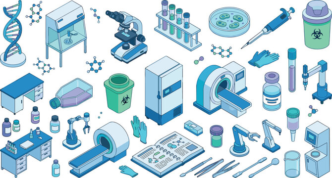 Advanced biotech laboratory infographic vector elements kit showing microscope scanners laboratory glassware pipettes and medical research tools