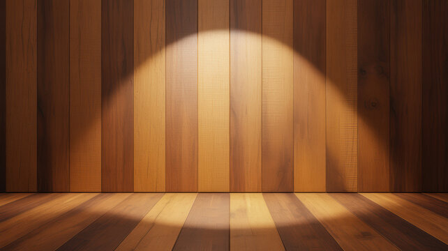 Vertical wooden planks wall and floor with a circular spotlight beam