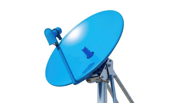 Modern parabolic satellite dish mounted on a metal stand, isolated on a white background, representing telecommunications and global data, object, connection, metal