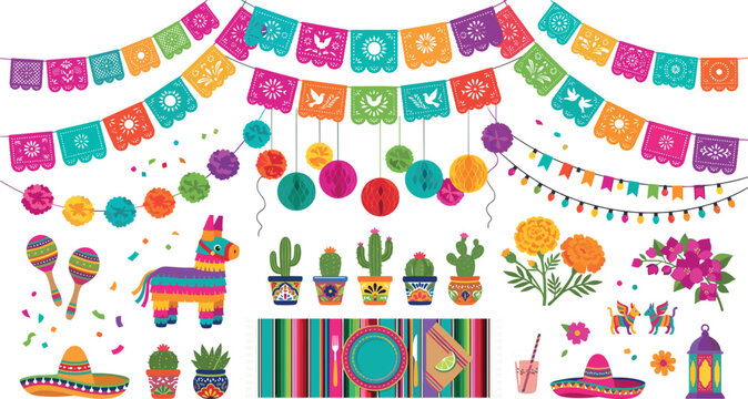 Mexican fiesta party decoration vector set with papel picado banners pi&ntilde;ata maracas cactus sombrero and colorful table setting