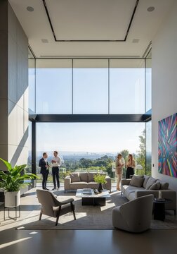 Sleek interior of a modern luxury house during an open house event with an open floor plan, minimalist furniture, and large glass windows, house, construction, contemporary