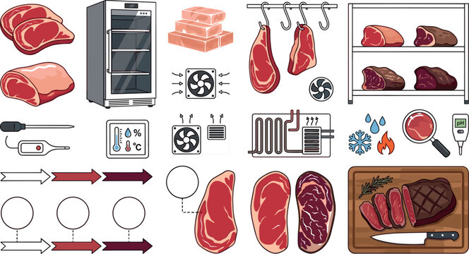 Dry aging beef vector element set with steak cuts refrigerator temperature controls hanging meat and gourmet culinary infographics