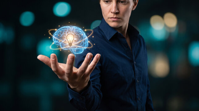 Woman holding glowing brain with lightbulb and orbiting particles, symbolizing innovation and ideas on dark bokeh background