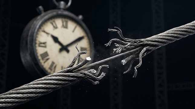 Close Up Fraying Steel Cable Tension with Hanging Mechanical Clock