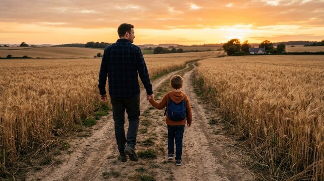 A man and his young son walk hand-in-hand down a dirt path through a golden wheat field. The father, wearing a plaid shirt and dark pants, holds his son&rsquo;s hand as they stroll towards the horizon.
