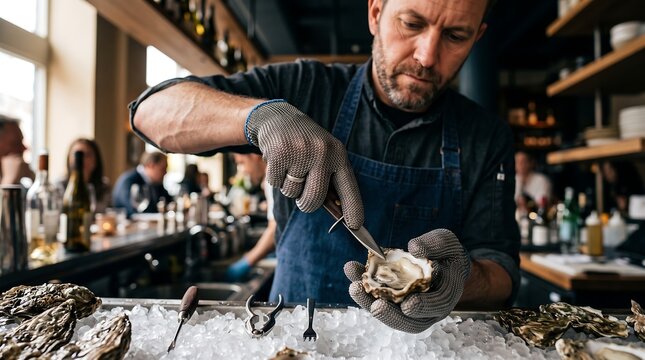 Professional Male Chef Shucking Fresh Oysters with Oyster Knife at Premium Seafood Bar