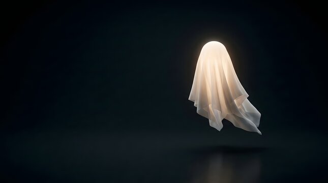 Minimal white sheet ghost floating in darkness with a soft eerie glow.