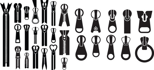 Clothing zipper pullers silhouettes set with closed zipper lock, sliders, fasteners, and textile sewing elements © MDAbdur