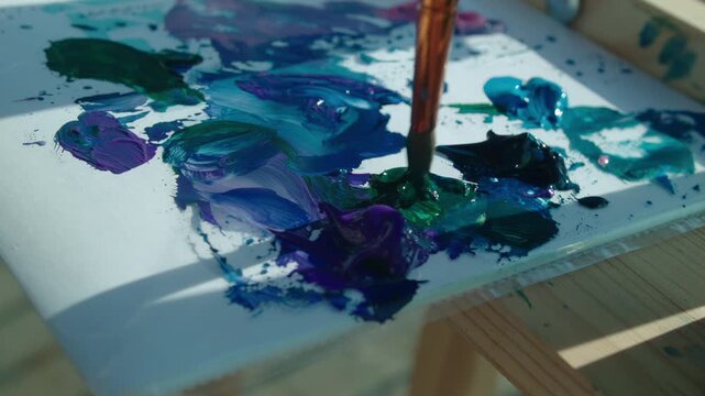Colorful watercolor mixing plate with paintbrush. Process of mixing blue and green paint in search of shade artist needs. Paints spilled on artists palette