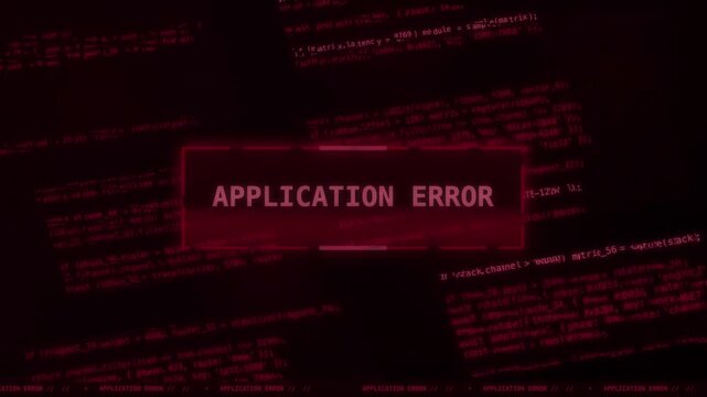 Application error message glitching over scrolling code close up, computer screen, red, digital