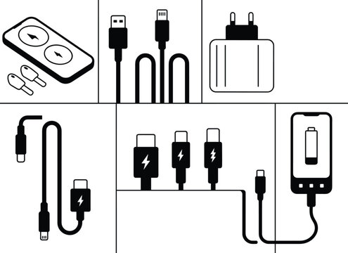 Mobile charging devices vector icon set with USB cables, lightning connectors, power adapter, and smartphone battery