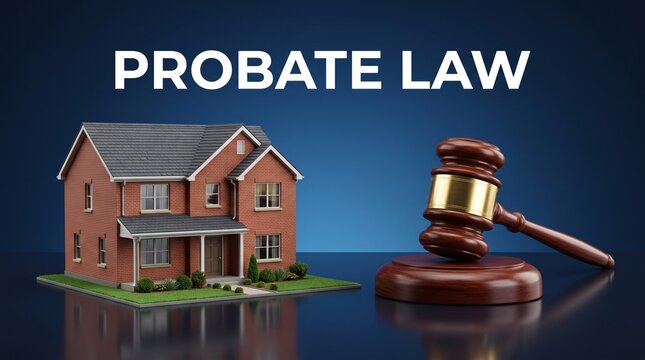 Probate law concept with wooden judge gavel and residential house model, inheritance and real estate legal services, estate planning on blue background
