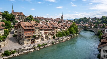 Fototapeta premium Scenic aerial view of old town Bern and Aare river with historic buildings under blue sky.