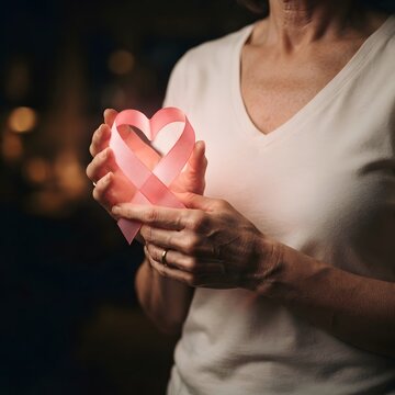 A woman holding a glowing pink ribbon heart in her hands to support breast cancer awareness month and show solidarity for patients and survivors everywhere