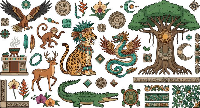 Ancient Aztec mythology and rainforest wildlife vector set with feathered serpent jaguar tree of life and animals