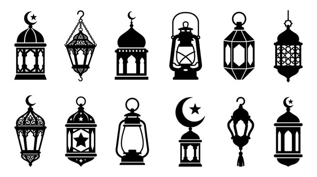 Ramadan lantern silhouette icon set. Islamic hanging lamp vector collection for celebration.