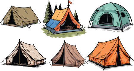 Camping tent vector illustration set featuring various tourist shelter types, retro cabins, and dome shelters © MDAbdur