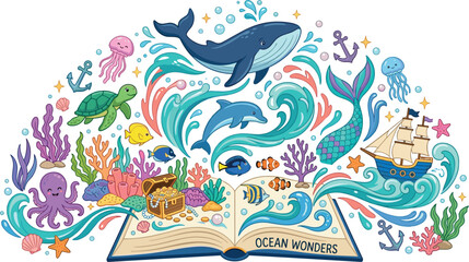 Open book with magic ocean wonders marine life elements popping out vector illustration for underwater concept © MdMonirul