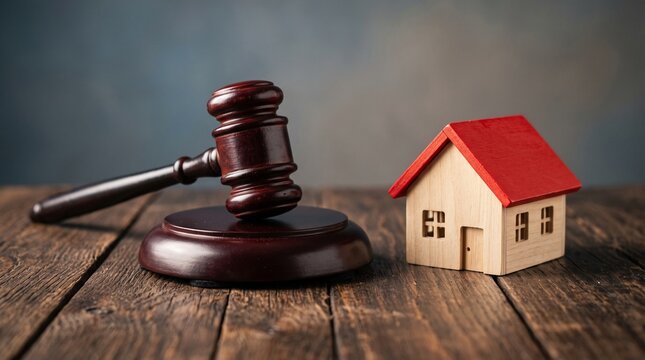 Wooden judge gavel and small house model on rustic table, real estate law and property auction concept, foreclosure and legal housing litigation