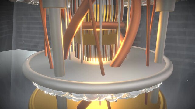 Wide intimate macro parallax slide across a quantum computer core featuring a cryogenically cooled golden processors suspended in an industrial vault, panoramic view.