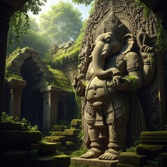 Obraz premium A massive weathered stone sculpture of the elephant-headed deity stands majestically amidst overgrown jungle ruins under soft ambient light, spiritual, architecture, nature