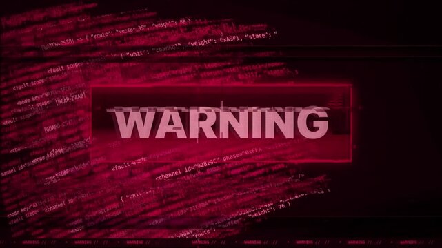 Warning text sliding over digital code background with motion blur, front view, red, glowing