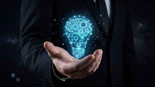Businessman holding glowing digital light bulb with brain and gears illustration against starry background