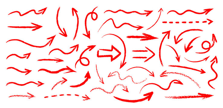 Hand Drawn Curved Arrow Collection Set &ndash; Red Sketch Doodle Directional Arrows Isolated on Transparent Background