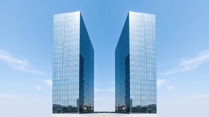 Obraz premium Modern glass skyscrapers against blue sky. Futuristic office buildings with reflective facade.
