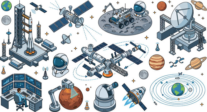 Isometric space exploration vector set with rocket launch base international space station rover satellite and control room elements