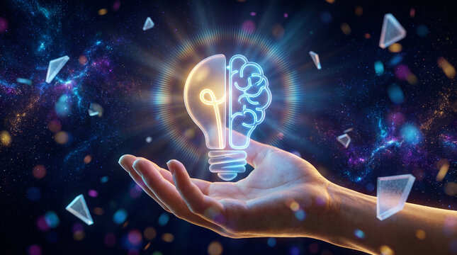 Human hand holding glowing lightbulb with brain and filament, symbolizing creative intelligence and innovation against a cosmic background