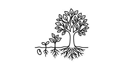 Dynamic Black and White Line Drawing of Tree Growth Stages from Seed to Mature Tree with high quality professional line art symbols for modern creative design and digital branding projects © nabih