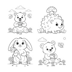 Fototapeta premium Coloring page set featuring cute cartoon animals, bears with honey, hedgehog, and rabbit