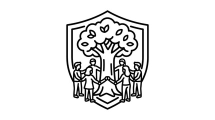 Fototapeta premium Modern Black and White Line Art of Community Collaboration Under a Tree in a Shield Shape with high quality professional line art symbols for modern creative design and digital branding projects