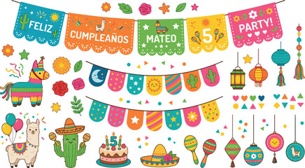 Cute Mexican fiesta birthday party decoration vector set with piñata llama cactus birthday cake papel picado and maracas © Monirul