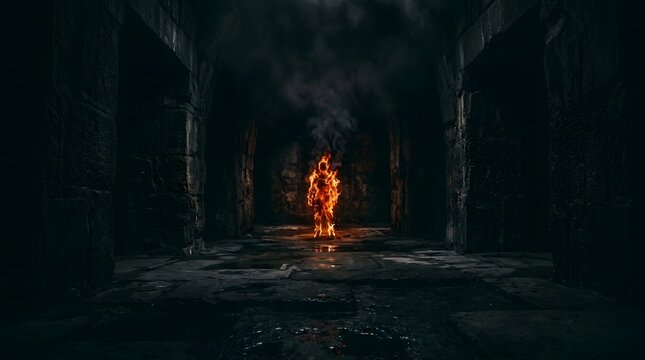 Mysterious figure standing near a fire in a dark forest, creating a ritualistic and ominous atmosphere.