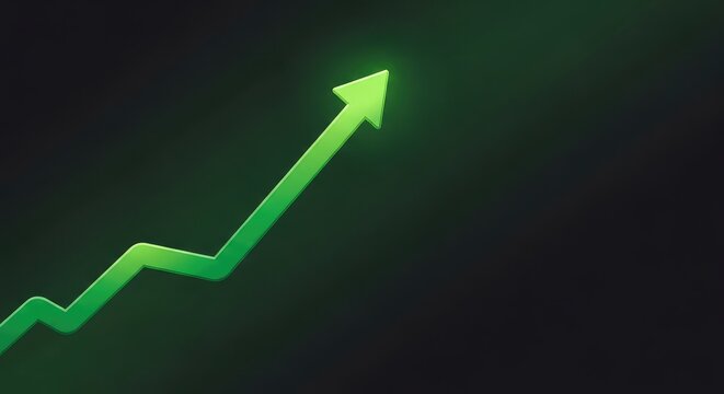 A vibrant digital financial chart showing a steady upward trend with a glowing green arrow pointing toward growth on a dark background, internet, strategy, upward