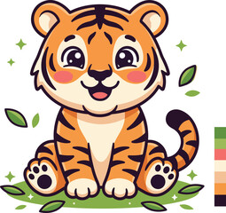 Cute baby tiger sitting on grass cartoon vector illustration