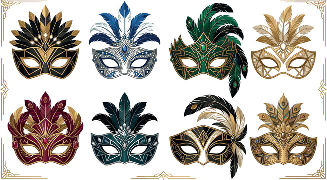 Elegant Venetian masquerade masks vector set featuring luxury carnival eye masks with feathers and ornate gold decorative borders
