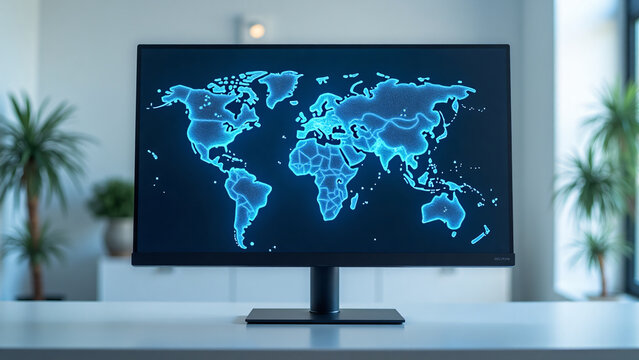 Glowing digital world map with blue network nodes and cybersecurity connections on sleek monitor in minimalist corporate setting