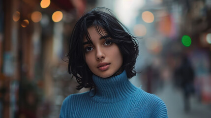 Obraz premium young indian woman standing at city street and wearing blue sweater