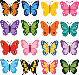 Naklejka premium Colorful butterfly flat vector illustration collection featuring various butterfly species with vibrant wings for nature, spring, garden and educational design isolated on white background