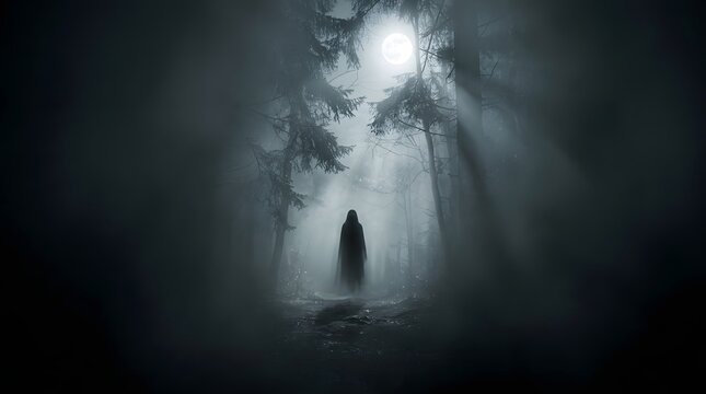Ghostly figure standing in a misty forest with bright light breaking through tall trees.