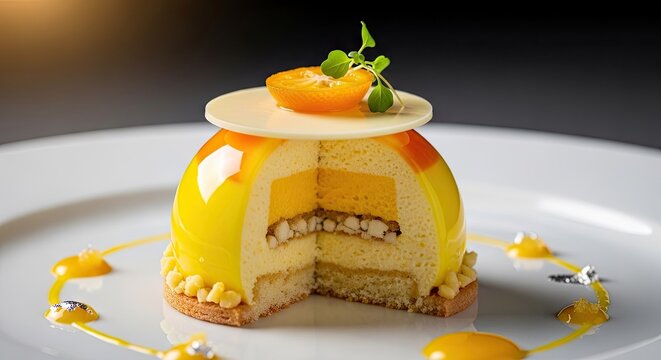 Mango glaze cake slice on white plate.